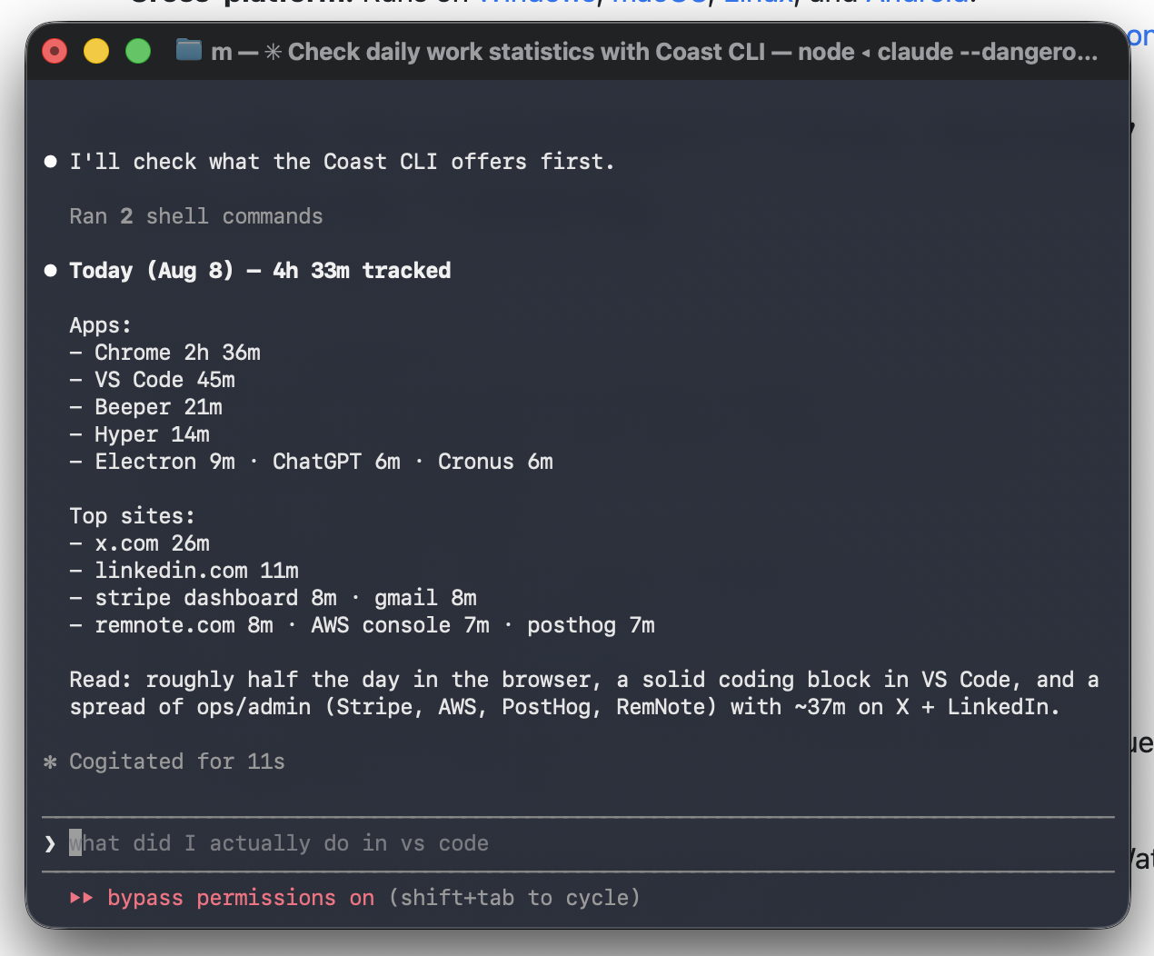 Asking Coast for a day summary through Claude Code