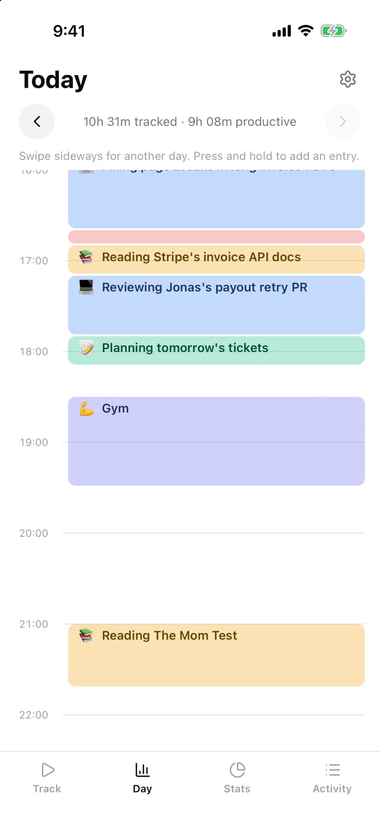The Cronus iPhone app's day timeline with a gym session logged from the phone