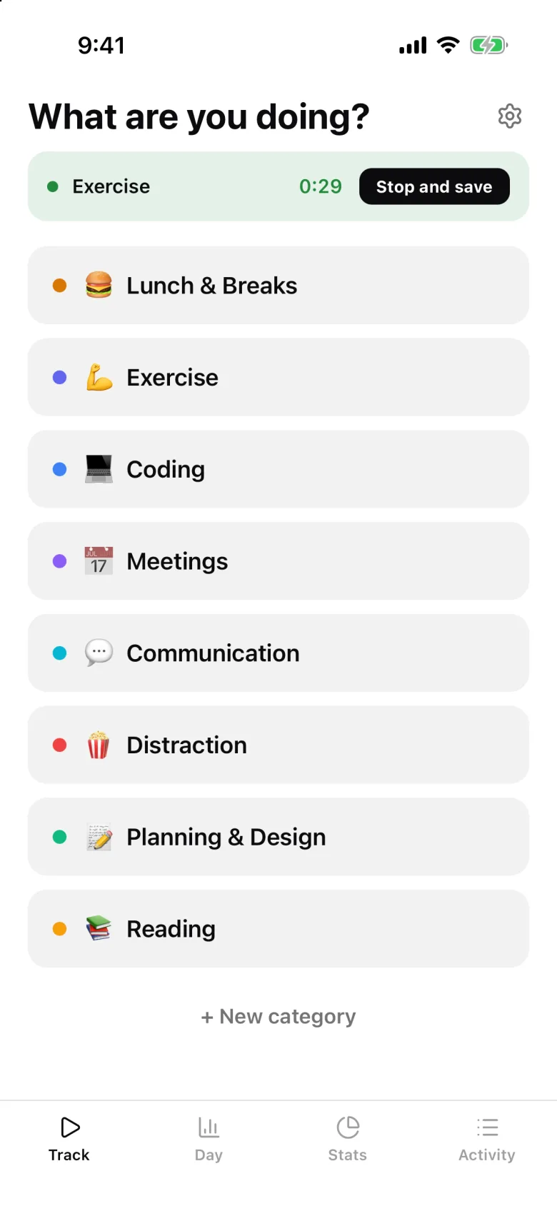 The Cronus iPhone app's Track tab with an Exercise entry running